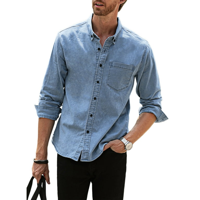 JMIERR Big and Tall Men s Casual Denim Dress Shirts Button Down Long Sleeve Shirts Cotton Regular Fit Shirts with Pocket