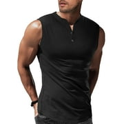 JMIERR Big and Tall Men's Muscle Tank Tops Slim Henley Longline Cotton Sleeveless Undershirts T-Shirt Tees with Button Black