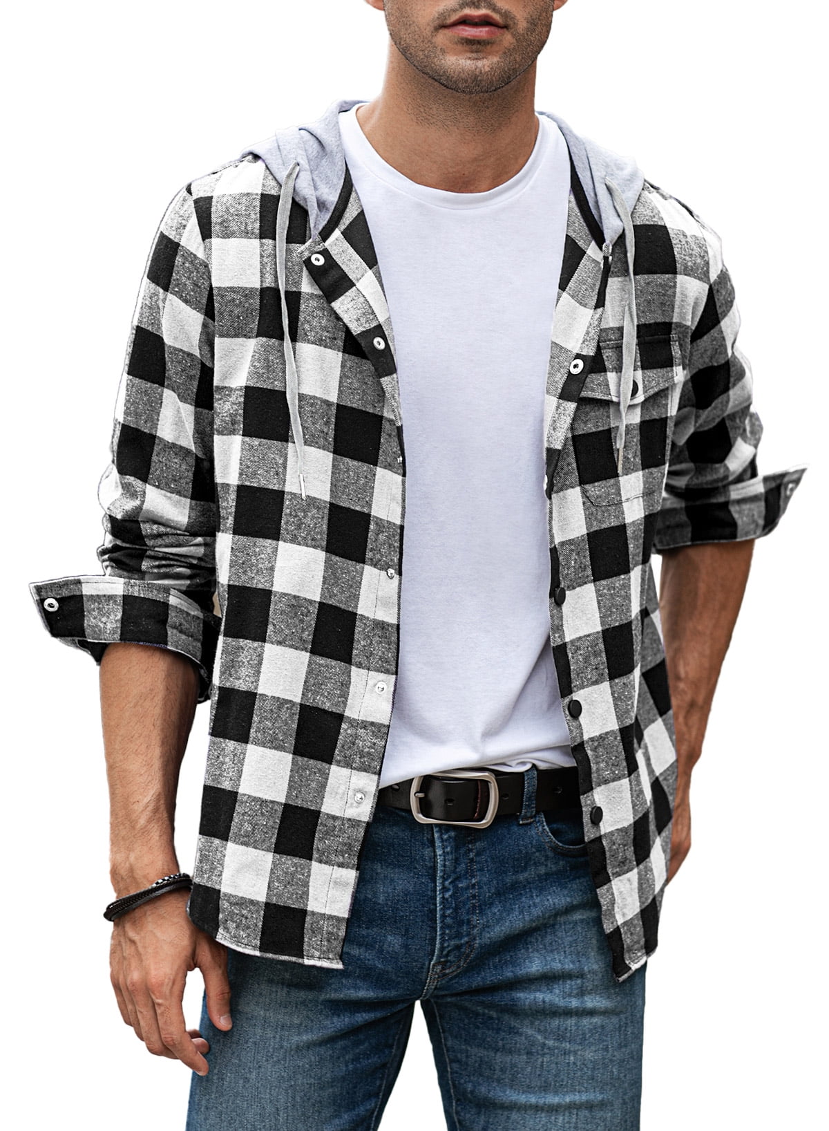 JMIERR Big and Tall Men's Casual Long Sleeve Hooded Flannel Shirts  Lightweight Drawstring Button Down Jackets Shirt with Pocket 
