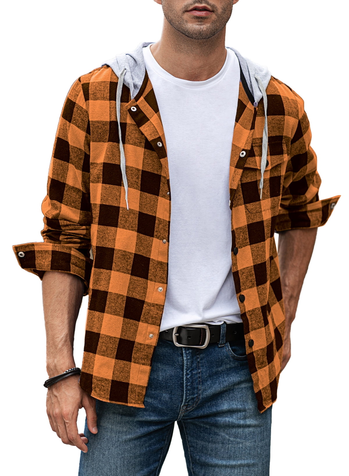 JMIERR Big and Tall Men's Casual Long Sleeve Hooded Flannel Shirts  Lightweight Drawstring Button Down Jackets Shirt with Pocket 