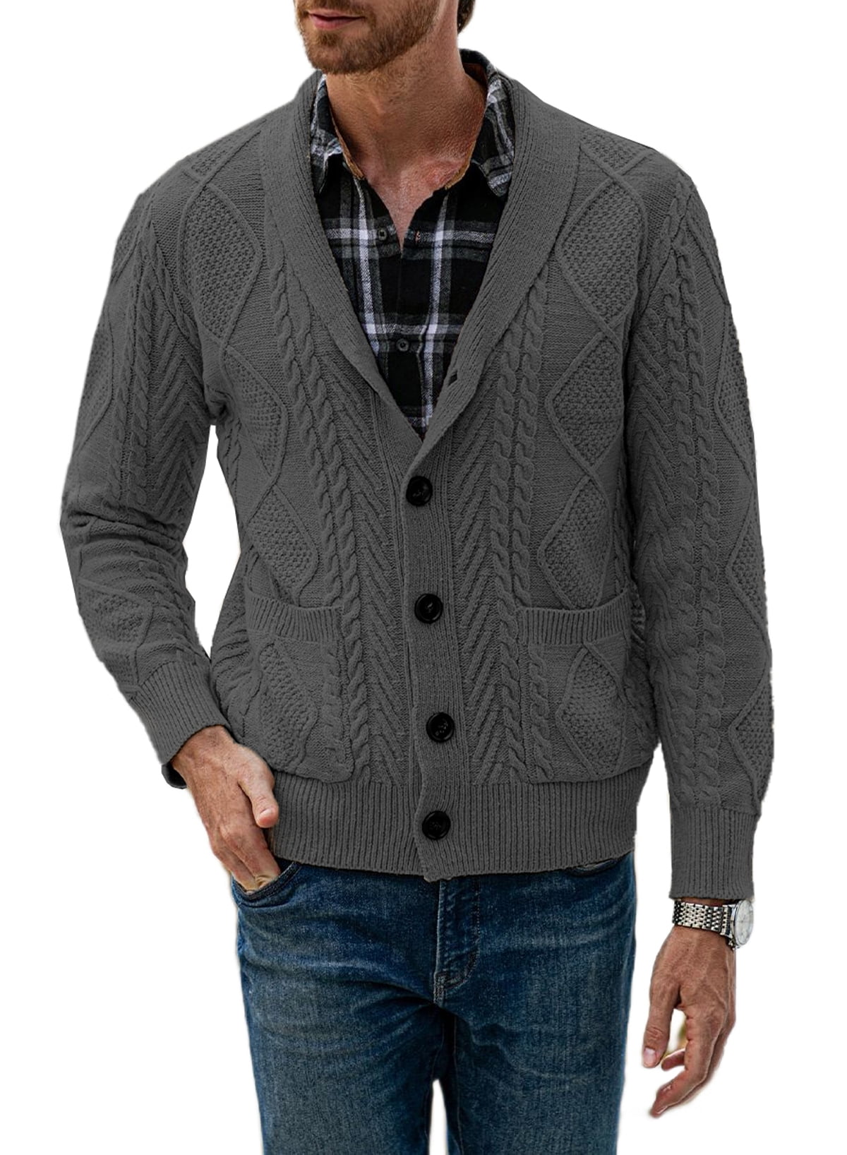 JMIERR Men's Cardigan Knitted Shawl Collar Sweaters Cable Knit Jumper ...