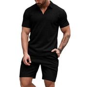 JMIERR Mens 2 Pieces Outfit Set Short Sleeve Quarter Zipper Polo Shirts Summer Beach Shorts Casual Sweatsuit Tracksuit for Men Black
