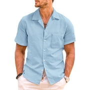 JMIERR Mens Linen Cotton Button Down Short Sleeve Shirts Plain Guayabera Beach Shirts Tops with Pocket Sky Blue