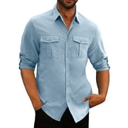 JMIERR Mens Linen Long Sleeve Shirts Casual Stylish Button Down Beach Dress Shirts with Flap Pockets