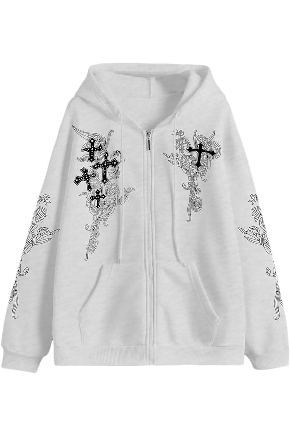 Men Women Zip Up Oversized Hoodie Gothic cross Graphic Emo Grunge Baggy Fleece Jacket 90s Punk Streetwear