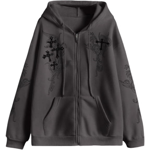 JMKEY Men Women Zip Up Oversized Hoodie Gothic cross Graphic Emo Grunge Baggy Fleece Jacket 90s Punk Streetwear