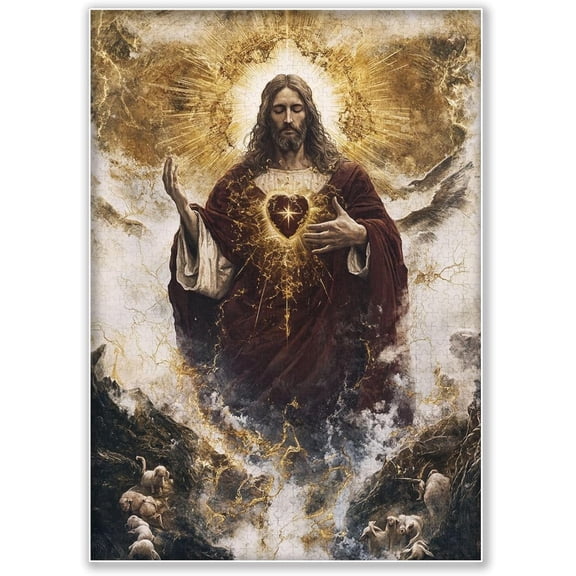 JMKLUP 500-Piece Adult Wood Jigsaw Puzzle, Sacred Heart of Jesus Religious Art, Eco-Friendly, Home Wall Decoration, Christmas & Birthday Gift, Challenging Family Activity. 20.5x15in