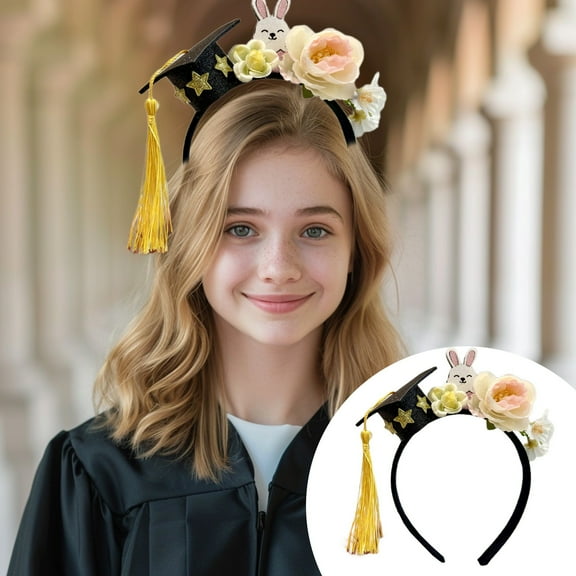 JMKQLZ 2025 Graduation Hat Headband with Rabbit and Flower Mini Bachelor Cap Headband Graduation Party Decorations for Grad Photo Props Cute Doctorate Ceremony Accessories For College Celebration