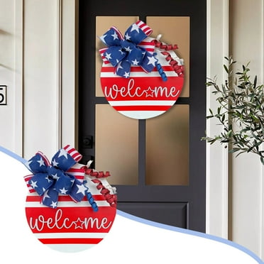 JMKQLZ 4th of July Welcome Door Sign Independence Day Decor Patriotic Wreath Door Hanger Round Wood Garland for Front Door Porch Wall Window,11.5x11.5in