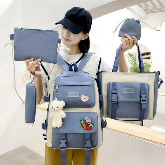 JMKQLZ 5pcs Aesthetic Backpack Set for Youngster Daypack Cute Trendy Large Capacity Preppy Shoulder Bag,Kawaii Bags for Teenage Canvas Solid Color Women Backpack Female Laptop Bag Bagpack