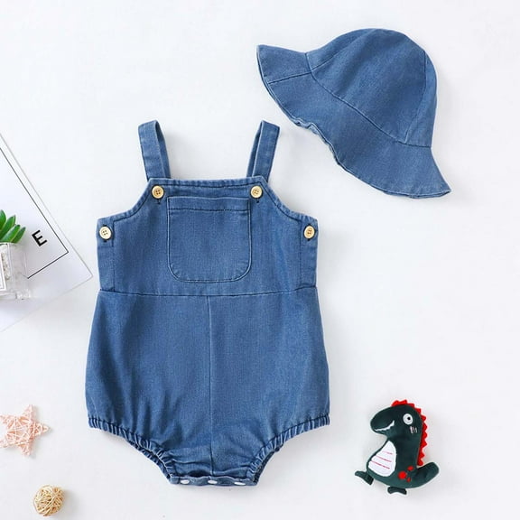JMKQLZ Baby Denim Romper with Hat Cute Strap Jumpsuit with Pocket Infant Boy or Girl Jeans Bodysuit with Button