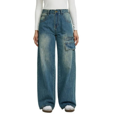 JMKQLZ Baggy Jeans for Women High Waisted Wide Leg Pants Trendy Denim Trousers Retro Jeans with Pockets,Blue,S