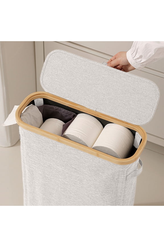 Bamboo Tissue Storage Basket - Foldable Organizer Box with Lid for Bathroom Organization and Paper Roll Storage Solution
