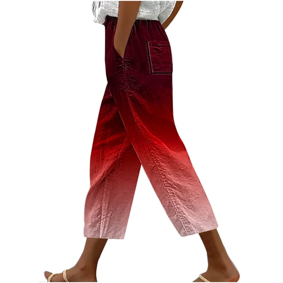 JMKQLZ Capri Pants for Women Loose Summer Harlan Cropped Pants with Pockets Gradient Fashion Lace-Up Trousers,Red,2XL