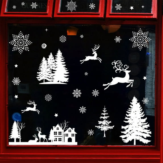 JMKQLZ Christmas Tree and Snowflake Window Stickers Set, 8-Piece Holiday Party Decorations, Easy to Apply and Reposition, Versatile for Indoor and Outdoor Use