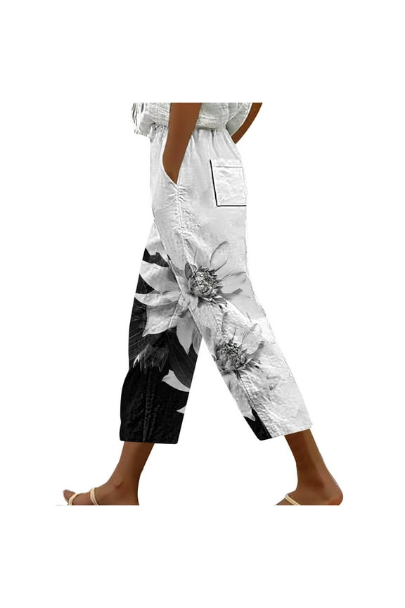 JMKQLZ Cropped Pants for Women Capris Pants with Pockets Casual Loose Harlan Pants Lace Up Floral Trousers for New 2024,M