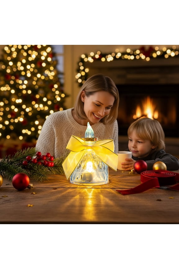 Decorative Bow LED Candle Light - Flameless Electronic Night Lamp for Christmas Tabletop Decor with Crystal Transparent Design