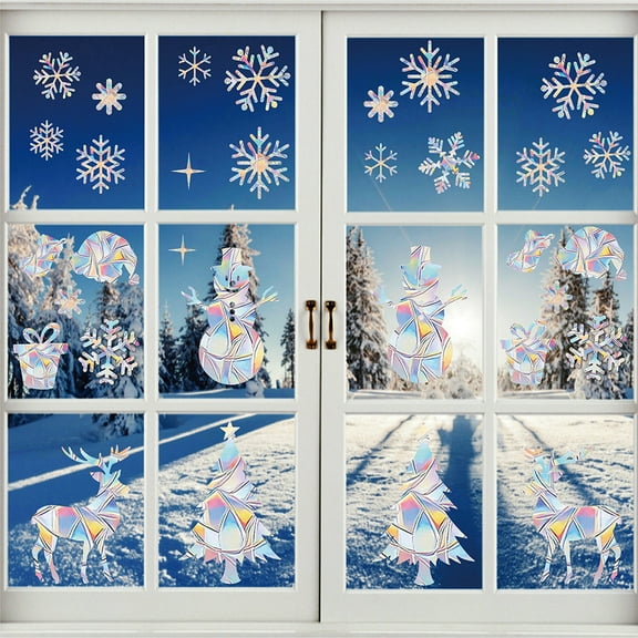 JMKQLZ Double-Sided Christmas Window Stickers with Snowflake and Reindeer Designs, PVC Material Static Clings for Glass Surfaces, Easy Application for Indoor Holiday Decorations and Party Atmosphere