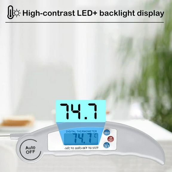 Fast Read Foldable Food Thermometer with Backlit Display - Precision Stainless Steel Probe Grill Cooking Aid Instant Temperature Gauge Multi-Use Kitchen Tool