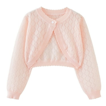 JMKQLZ Girls Cardigan, Girls Bolero Shrug Sweater, Kids Knit Hollow Out Long Sleeve, Button Cover Up Cropped Tops