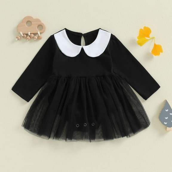 JMKQLZ Girls Fashion Casual New Style Mesh Dress Children's Long Sleeve Doll Collar Bodysuit Cute Baby Princess Dress, Black, Size: 6 Months