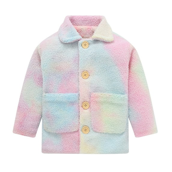 JMKQLZ Girls Fleece Long Coat Tollder Kids Tie-dye Color Winter Fleece Outwear Windproof Warm Lapel Clothes Jacket for 2-9Years