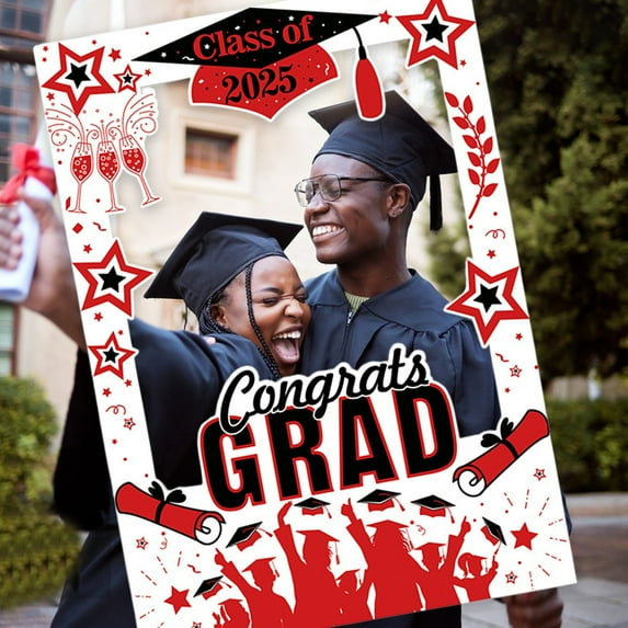 JMKQLZ Graduation Photo Booth Props Red - 2025 Graduation Party Decorations,Class of 2025 Congrats Grad Photo Booth Props Frame,Grad Party Favors Supplies Decoration
