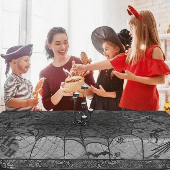 JMKQLZ Halloween Gothic Lace Table Cover with Spectral Motifs Polyester Fabric Dinner Decor for Elegant Party Setup and Home Gathering