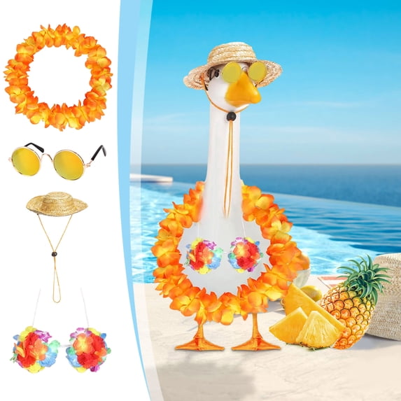 Hawaiian Style Porch Decor Set with Floral Garland Hat and Accessories - Complete Tropical Themed Outdoor Display for Holiday Celebrations and Summer Gatherings
