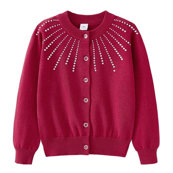 JMKQLZ Kids Cardigan Sweater with Rhinestone Long Sleeve School Uniform Knit Cardigan Button Cable Clousure Sweater for Fall and Winter