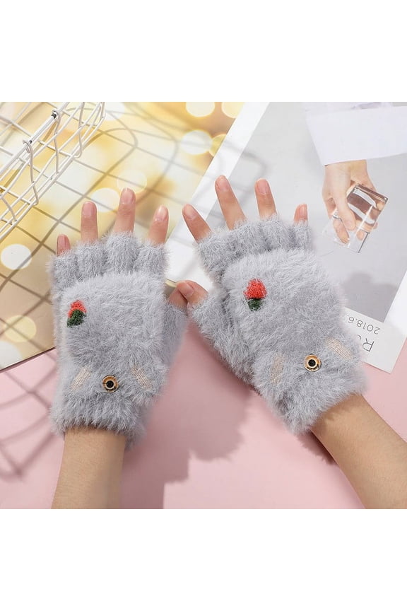 Kids Knitted Half Finger Gloves with Flip Top Winter Warm Cute Bunny Ear Typing Gloves Convertible Mittens for Girls Boys