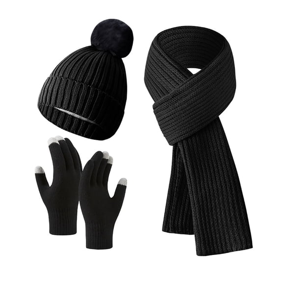 JMKQLZ Knitted Beanie Hat Scarf Gloves Set, Fleece Lined Winter Hat with Pom Pom, Long Knit Scarf Touchscreen Gloves for Cold Weather for Women Men