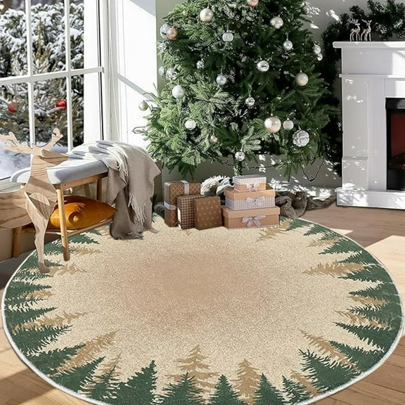 JMKQLZ Large Round Christmas Tree Pattern Area Rug for Living Space, Soft Polyester Floor Mat for Bedroom Sofa Seasonal Home Decoration
