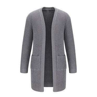 JMKQLZ Men Pocket V Collar Medium And Long Styles Knitting Twisted Flower Cardigan Loose Coat, Gray, Size: M