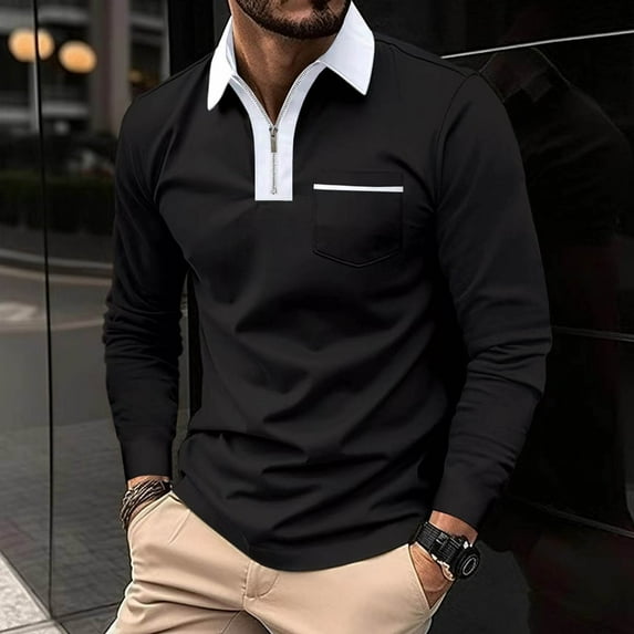 JMKQLZ Men Solid Color Pocket Long Sleeves Flip Collar Fashion Golf Ball Shirt Tops, Black, Size: S