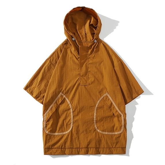 JMKQLZ Men's Short Sleeve Shirts Summer Hooded Sweatshirts Casual Sports T-shirt Tops with Pocket - Yellow - XL