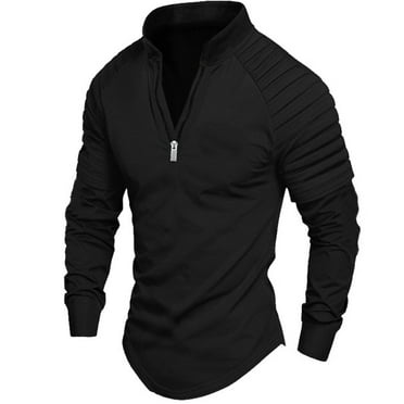 JMKQLZ Men's Solid Color Zippered Long Sleeved Sports Shirt, Black, Size: XL