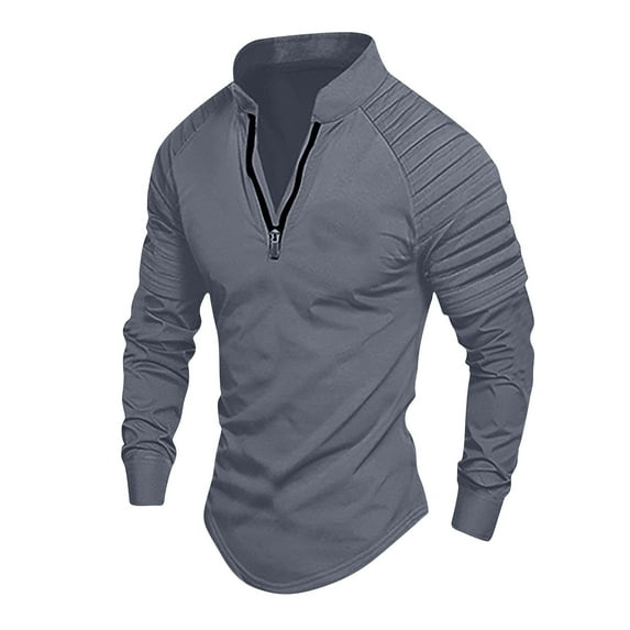 JMKQLZ Men's Solid Color Zippered Long Sleeved Sports Shirt, Gray, Size: L