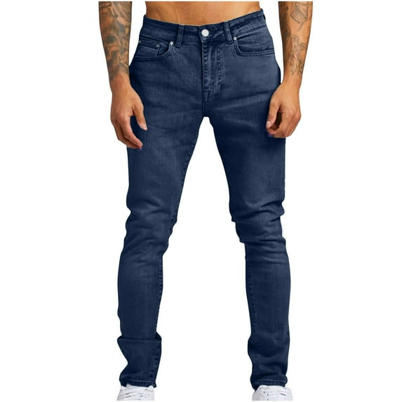 JMKQLZ Mens Jeans Pants, Casual Loose-Fit Jeans Denim Pants with Pockets Summer/Spring Outdoor Solid Color Trousers,Blue,XS