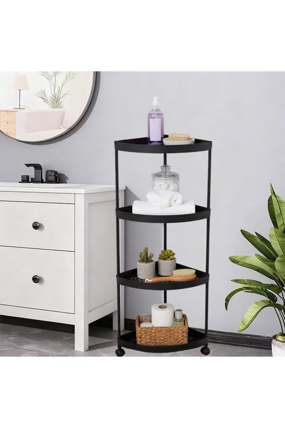 Mobile Four Tier Corner Storage Shelf with Easy Roll Wheels, Convenient Bathroom Organizer for Flexible Placement, Durable Plastic Shelving System for Various Rooms