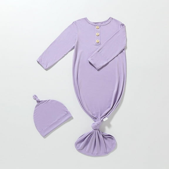 JMKQLZ Newborn Knotted Gown with Hat Set Soft Infant Solid Color Jumpsuit Pajamas Long Sleeve Rompers for Baby Boys Girls