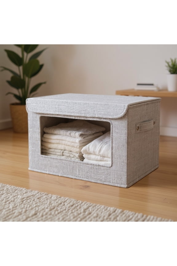 PVC Front Window Visible Cotton Linen Storage Bin Foldable Organizer with Clear View Panel, Heavy-Duty Fabric Container for Easy Item Identification