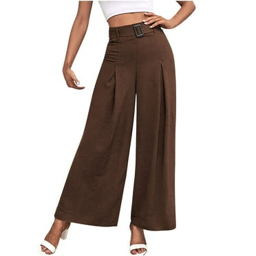 JMKQLZ Pants for Women Casual High Waist Wide Leg Pants Fashionable Pure Color Trousers for Work and Vocation,Brown,S