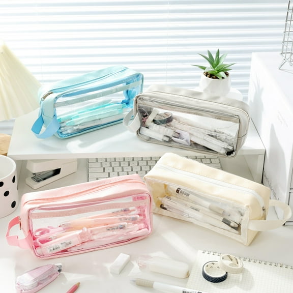 JMKQLZ Pencil Case, Big Capacity Clear Pencil Pouch Pen Bag with Zipper Closure, Cute Stationery Organizer Transparent Makeup Bag for Adult Office Supplies