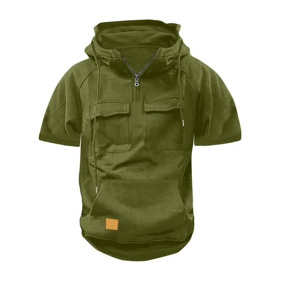 JMKQLZ Short Sleeve Hoodies for Men, Slim Fit Hooded T-Shirts Short Sleeve Sweatshirt Solid Color Pullover Tops with Pocket - Army Green - XL