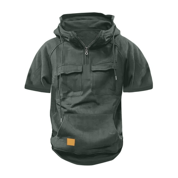 JMKQLZ Short Sleeve Hoodies for Men, Slim Fit Hooded T-Shirts Short Sleeve Sweatshirt Solid Color Pullover Tops with Pocket - Dark Gray - M