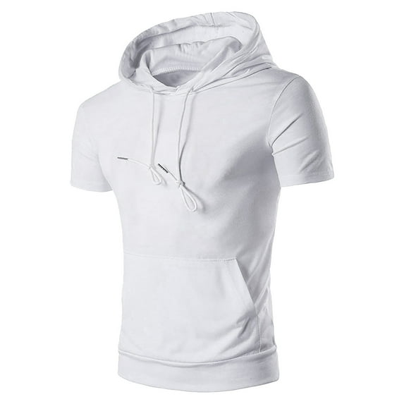 JMKQLZ Short Sleeve Tops Men, Men's Hoodies Short Sleeve Workout Muscle Shirt Gym Training Sports Tee Solid - White - S