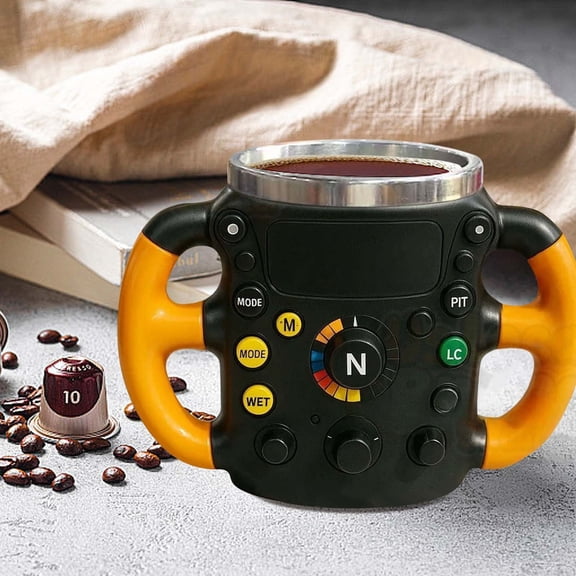 JMKQLZ Steering Wheel Design Stainless Steel Mug with Double-Wall Vacuum Insulation for Hot and Cold Beverages, Ergonomic Handle for Comfortable Grip, Dishwasher Safe Car Enthusiast Gift Idea