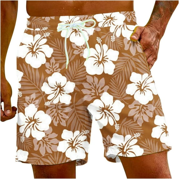 JMKQLZ Stylish Flower Print Shorts Men Swim Trunks Quick Dry Beachwear Sports Swim Beach Shorts Holiday Party Bathing Suits - Khaki - 5XL