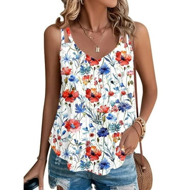 JMKQLZ Summer Tops for Women Sleeveless Blouse Floral Casual Cute Short Tops Loose Fit T-Shirt;Multicolor;M